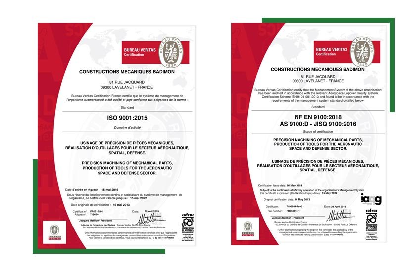 Certification Qualité EN 9100 et ISO 9001